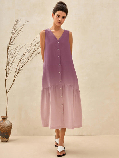 Linen Vacation Sleeveless V-Neck Mid-Length Dress CELINE