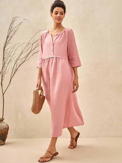100% Linen Loose Fit Button Waist Gathered Maxi Dress LUNA