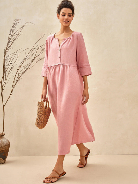 100% Linen Loose Fit Button Waist Gathered Maxi Dress LUNA