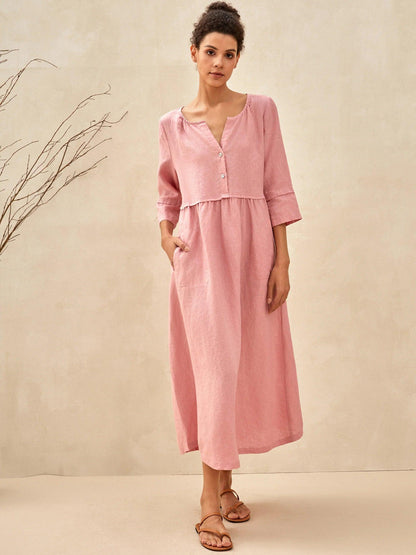 100% Linen Loose Fit Button Waist Gathered Maxi Dress LUNA