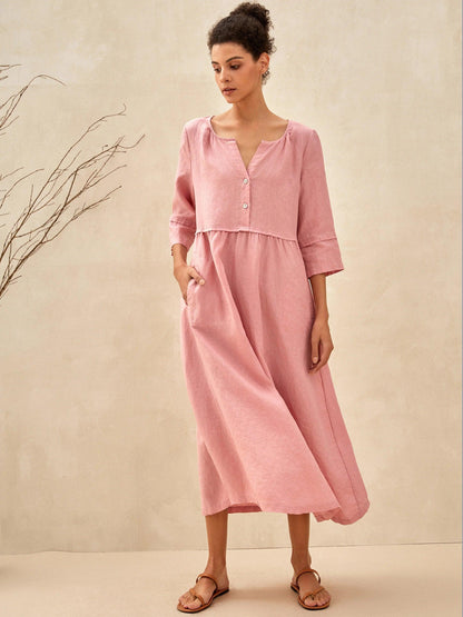 100% Linen Loose Fit Button Waist Gathered Maxi Dress LUNA
