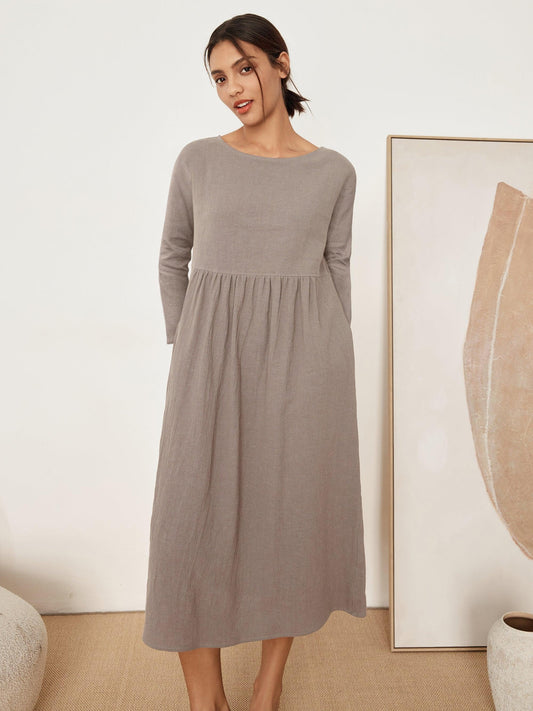 JANETTE 100% Linen Long-Sleeve Pleated Maxi Dress